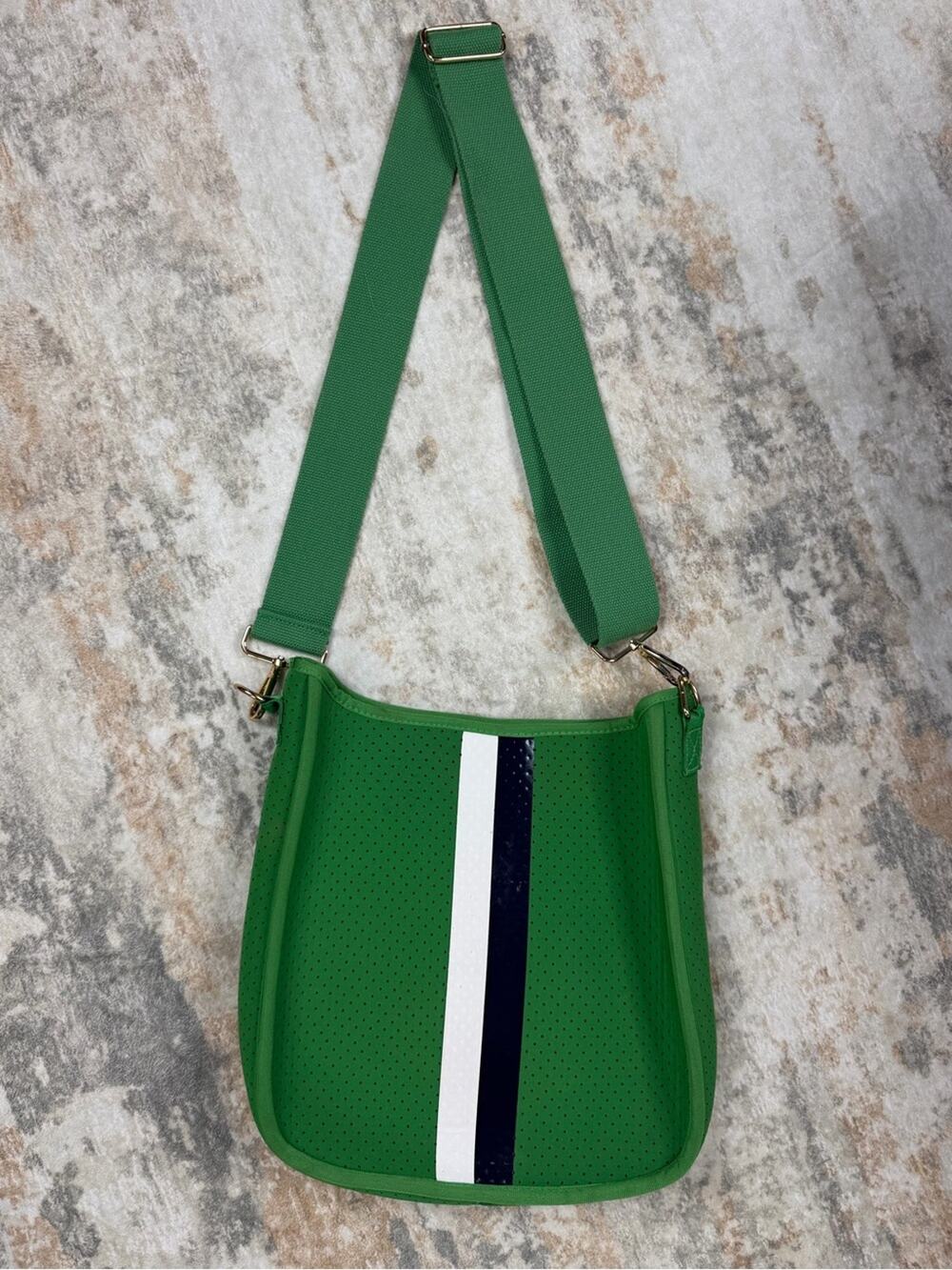 AHDORNED Classic Stripe Messenger Crossbody Bag Green Perforated Neoprene
